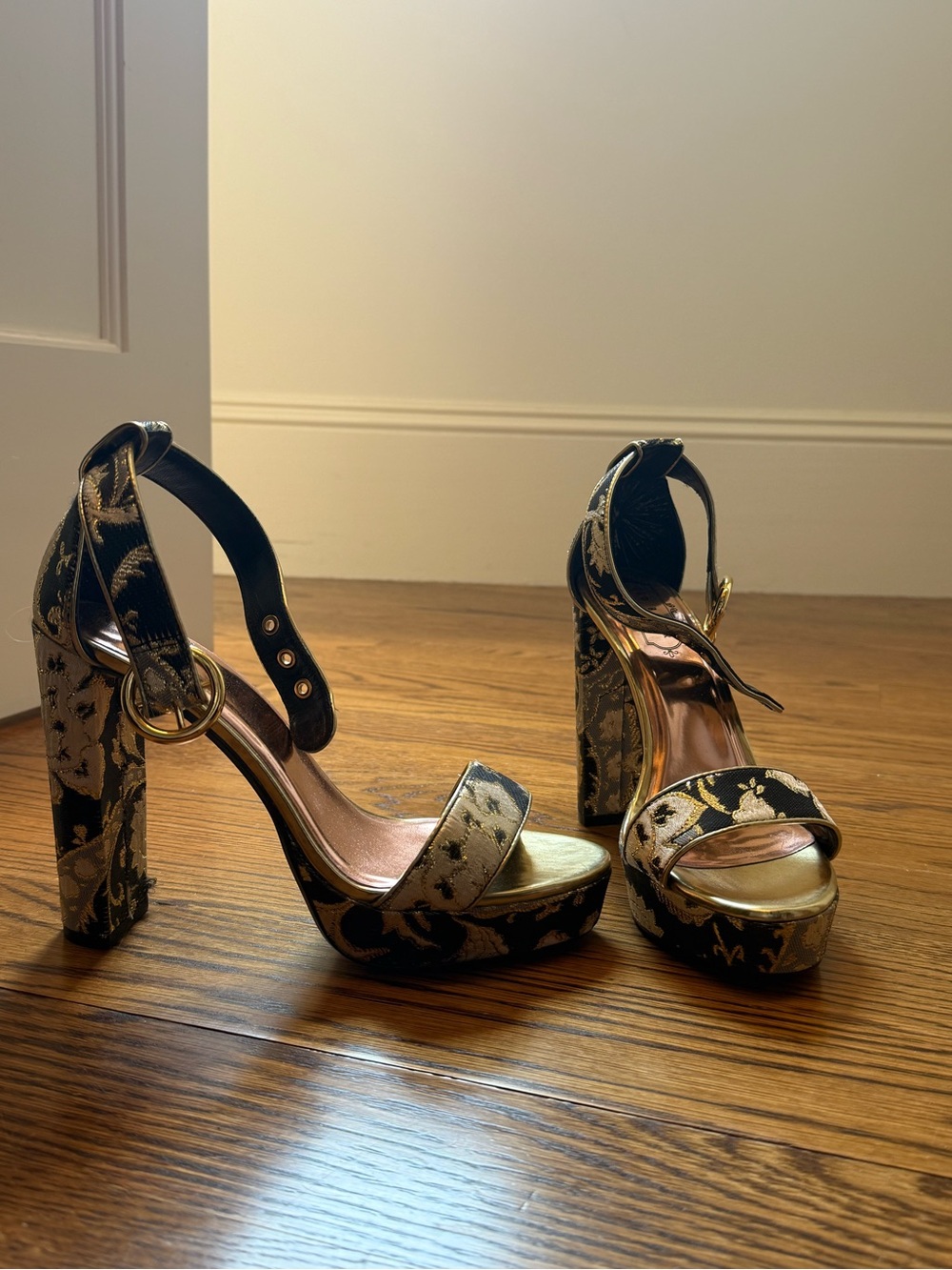 Ted Baker London Gold and Black Floral Platform Block-Heel Sandals
